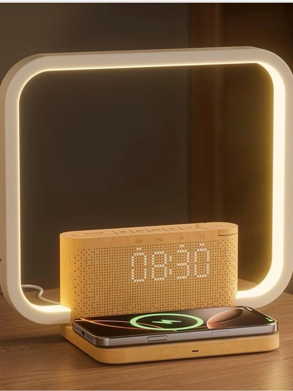 Wood Grain Wireless Charging Alarm Clock with LED Display - Beige